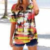 Women's loose printed stand collar short-sleeved cotton and linen top
