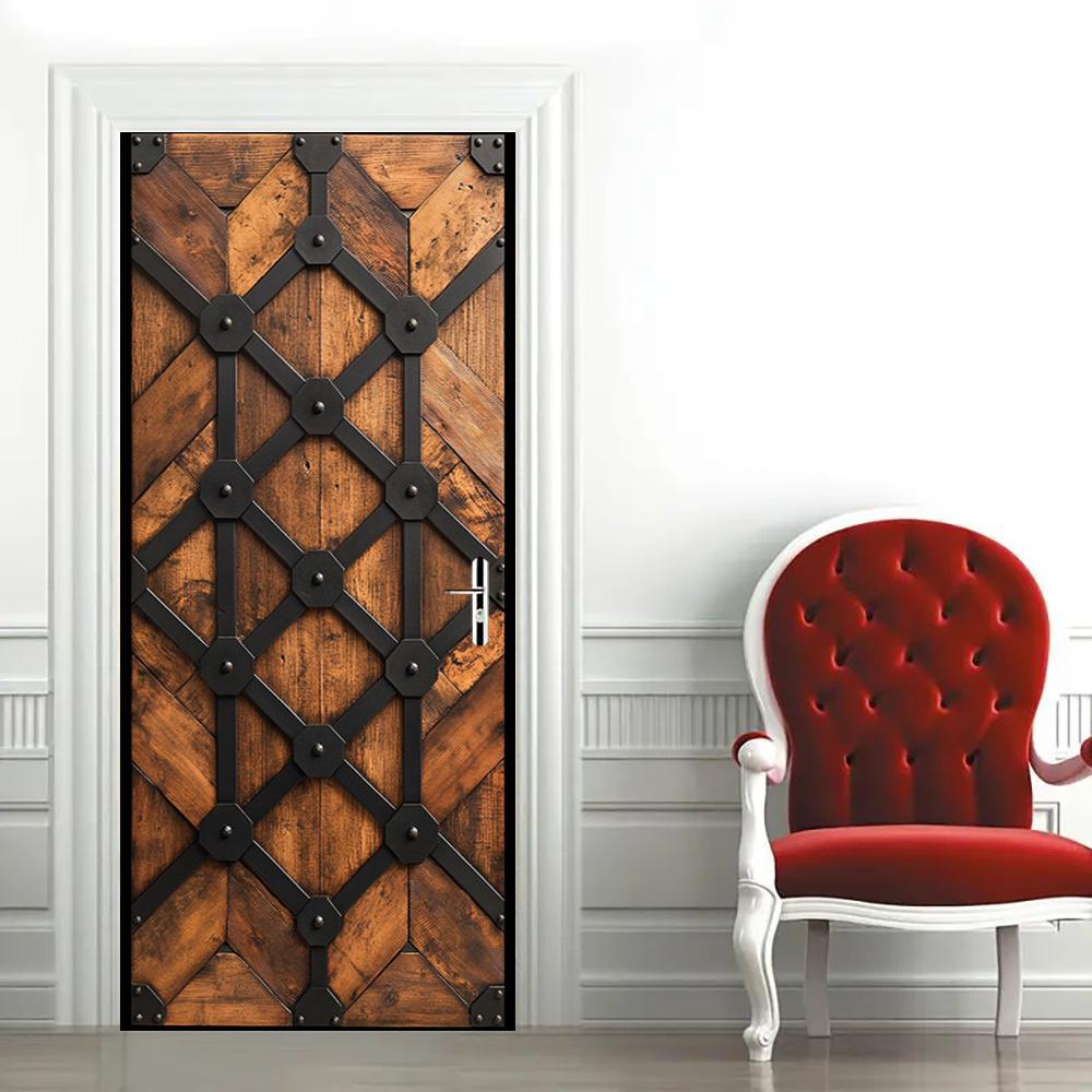 1Pcs Modern PVC Wood Door Sticker, Peel and Stick Mural, Self-Adhesive Removable Door Decal, Elegant Poster for Bedroom Living Room Door