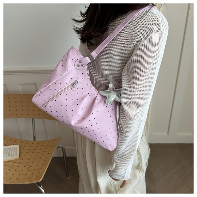2026 New Korean Style Polka Dot Tote Bag, Silver Star Charm, Large Capacity Commuter Shoulder Bag for Women, Versatile Casual Tote Bag