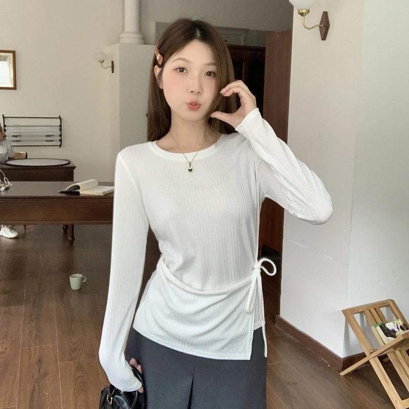 Designed Vertical Striped Front Shoulder Irregular Splicing Lace-up Long Sleeves Slimming Chic Bottoming Shirt for Women M