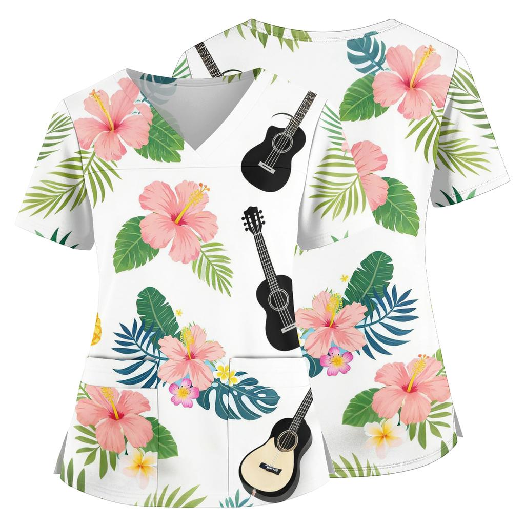 Women Nurse Scrub Top Hawaiian Print V Neck Short Sleeve Medical Uniform Shirt with Pockets and Side Slits for Healthcare Professionals