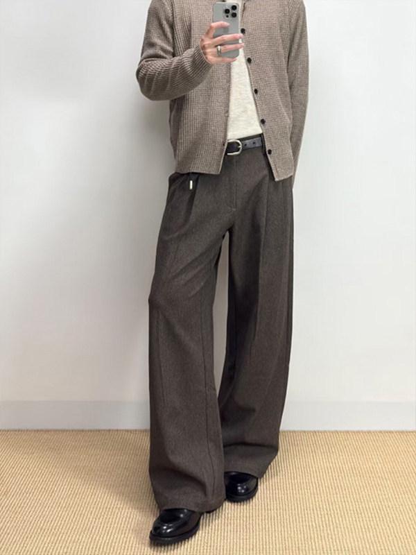 Men's Classic Double-Pleat Wide Leg Trousers - Spring/Autumn Collection with High-End Draping and Curved Loose Fit