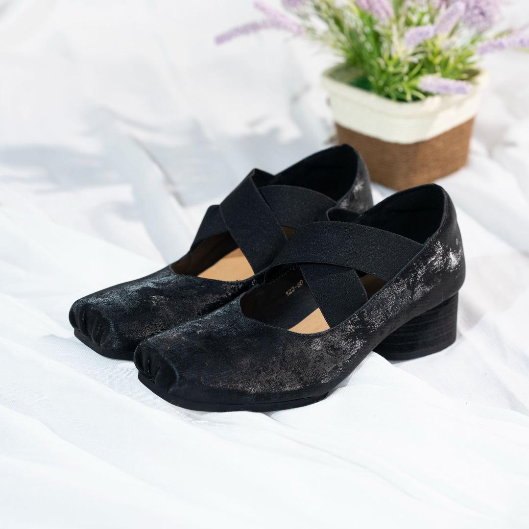

Square head leather single shoes ballet shoes women s medium heel retro cross belt comfortable thick heel soft sole dance shoes 35