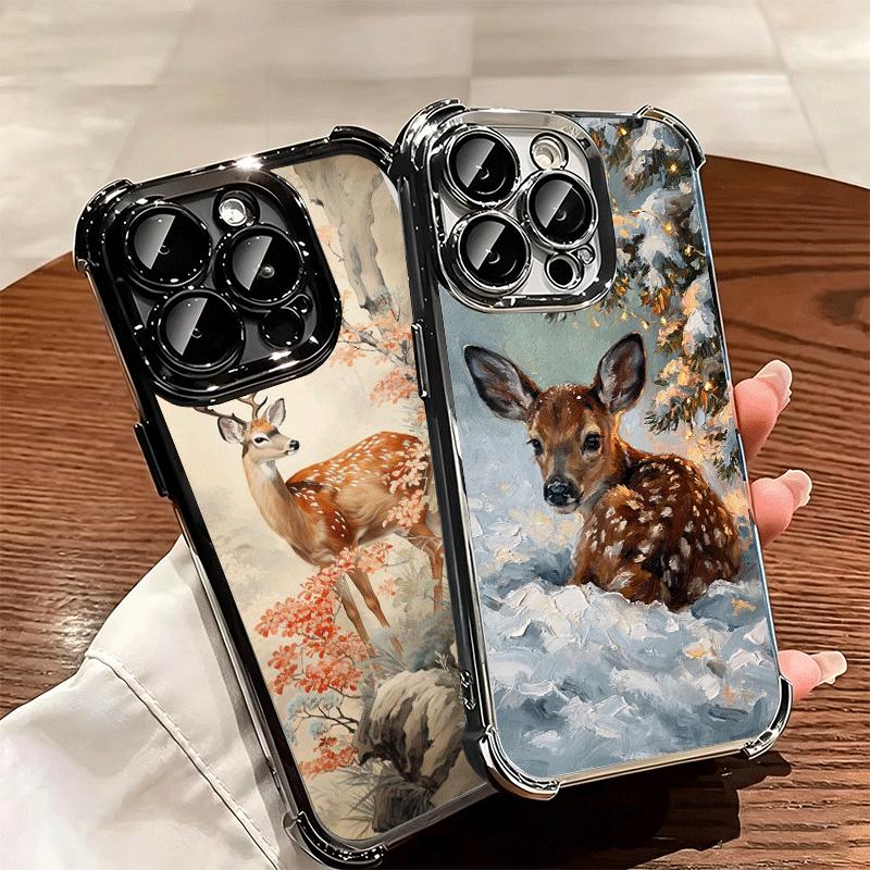 Sika Deer Elk Animal Plating Phone Case For Iphone 16 17 Pro Max Air 16E 14 15 Plus 12 13 Mini Anti-Fall Airabag Cover