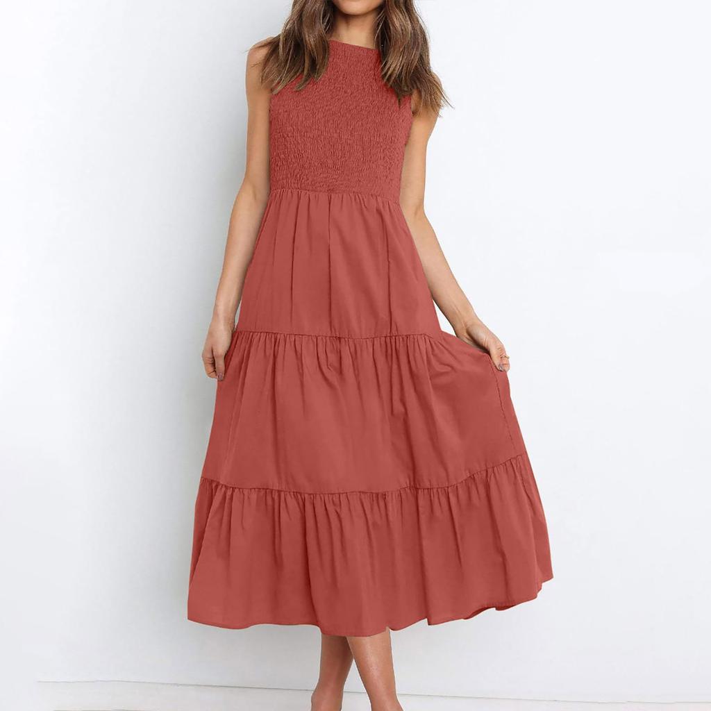Women's Summer Casual Sleeveless Round Neck High Waist Swing A Line Dress