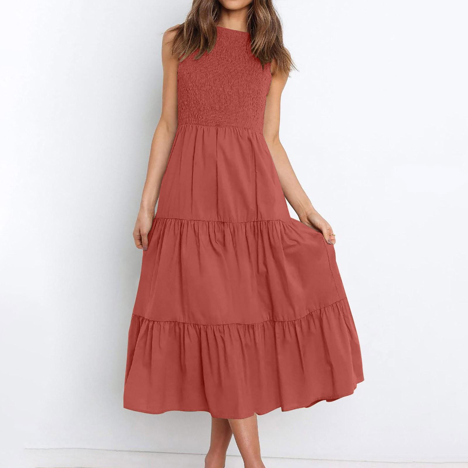 

Женское летнее повседневное платье трапециевидной формы без рукавов с круглым вырезом и высокой талией M винный