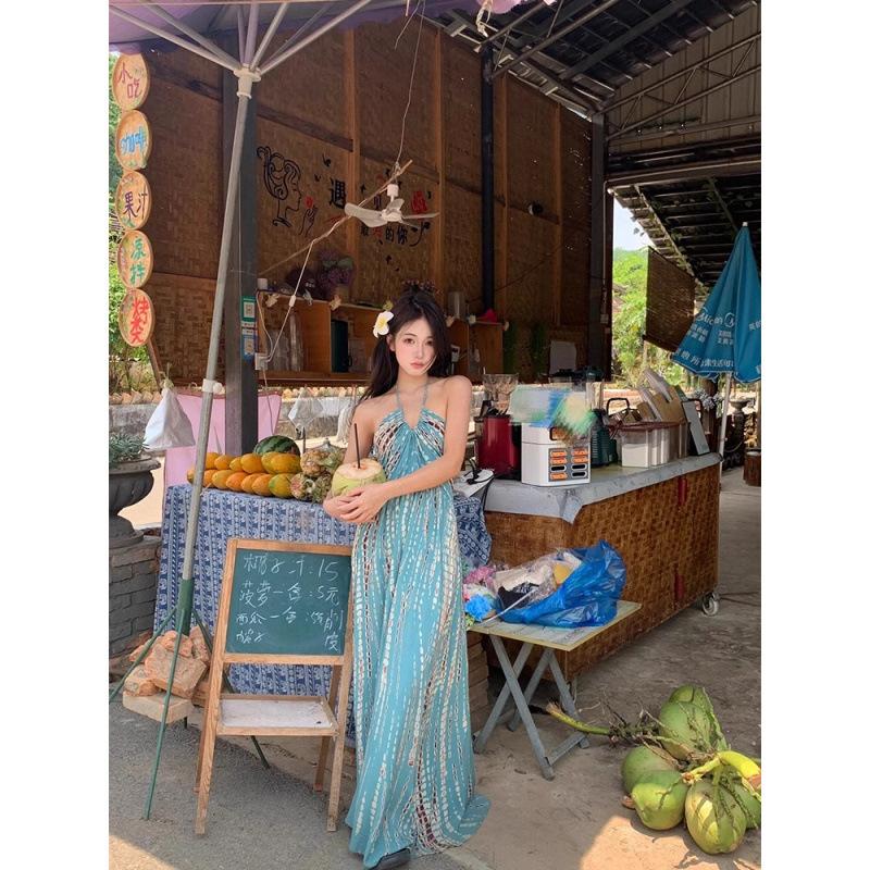 Thai Style Halter Neck Suspender Dress with Female Sexy Backless Seaside Travel Vacation Photo Long Skirt Temperament Beach Skirt Summer