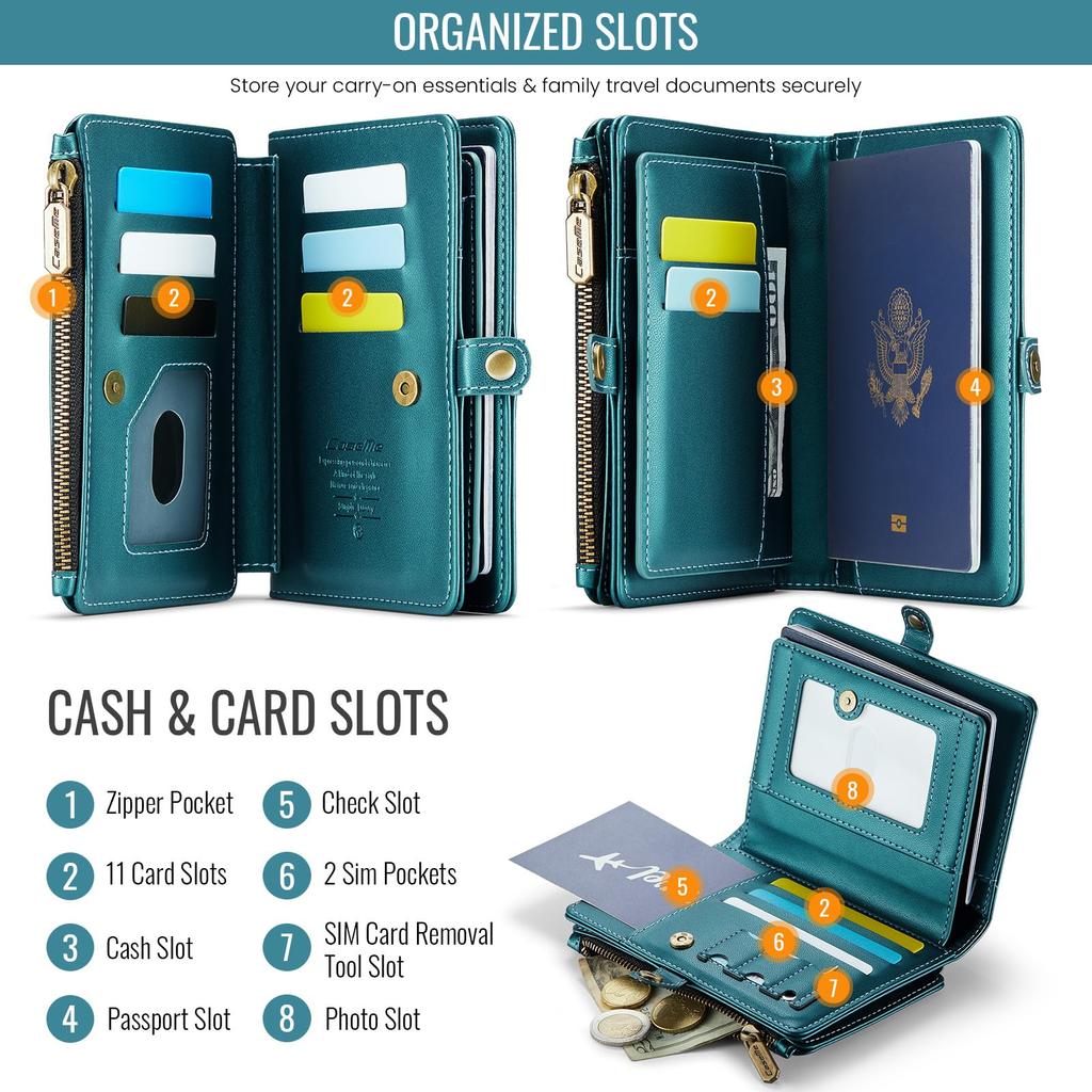 XIMAND Passport Holder Wallet Bag with 11 Card Slots and Passport Photo RFID Wristlet Travel Green Pocket, Pocket, Zippered, Blocking, Strap, Bag,