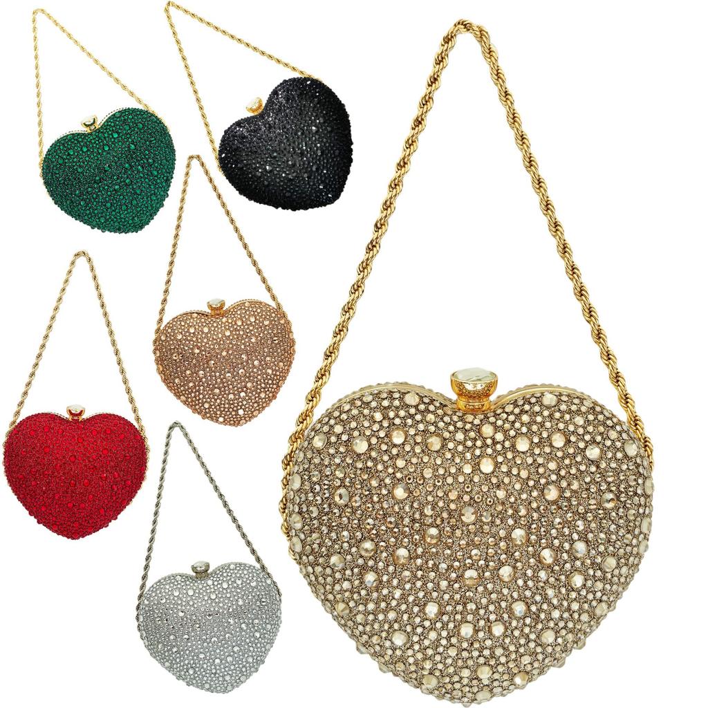 Luxury Diamond Inlay Heart Shape Crystal Clutch Purse Stones Evening Wedding Party Shoulder Bag Handle Rhinestone Mini Handbags