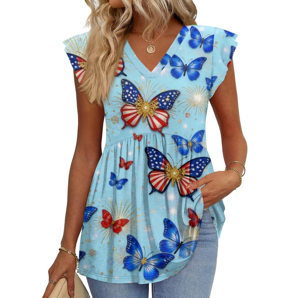 Hauts pour femmes T-shirt à manches courtes tendance col en V manches à volants Blouses professionnelles