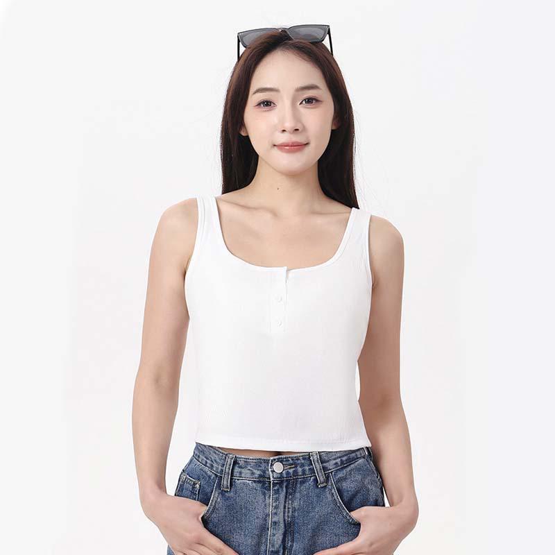 Versatile Women's Pure Cotton Ribbed Button-Up Vest with Chest Pads - Sports Slim-Fit Sleeveless Base Layer Top