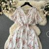 Seaside Holiday Sle Printed Chiffon Dress Women Summer New V-neck Waist Hugging Slimming Mid-Length Large Swing Skirt Fashion