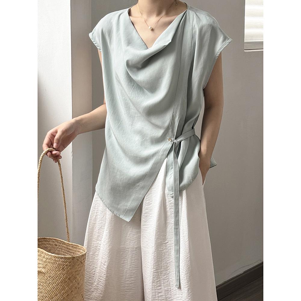 Yanshuang Women's Korean-Style Tencel Sleeveless Swing Collar Shirt with Waist Tie and Slit - Summer 2024