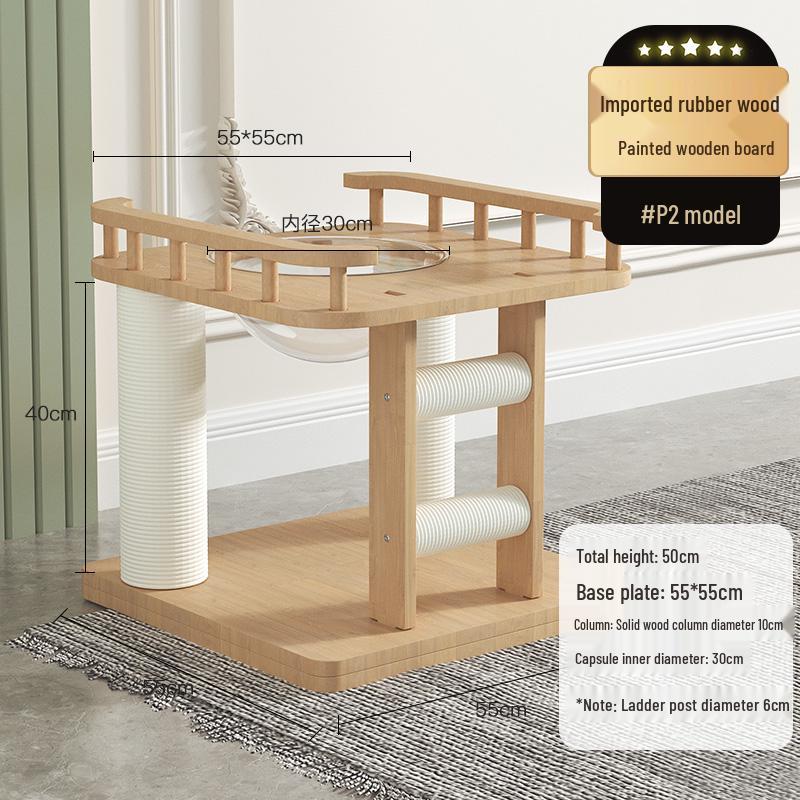 Solid Oak Cat Tree with Wall-Mounted Space Capsule Bed