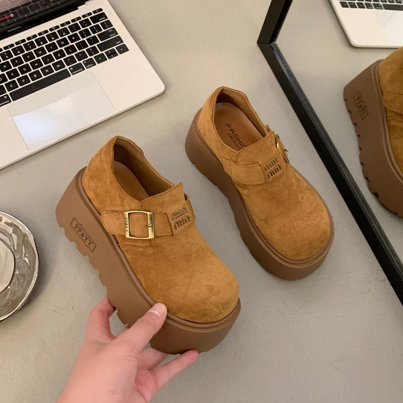 Cowhide Version~ Thick-soled 8CM Women's Spring New Fashionable Versatile Height-increasing Small Casual Shoes