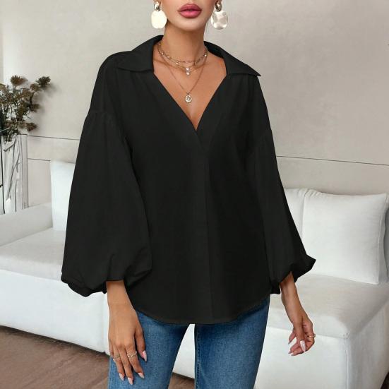 Women Shirt Lapel Half Open Collar Puff Long Sleeve Shirt Tops A-Line Tunic Soft Chiffon Casual Blouse Daily Wear