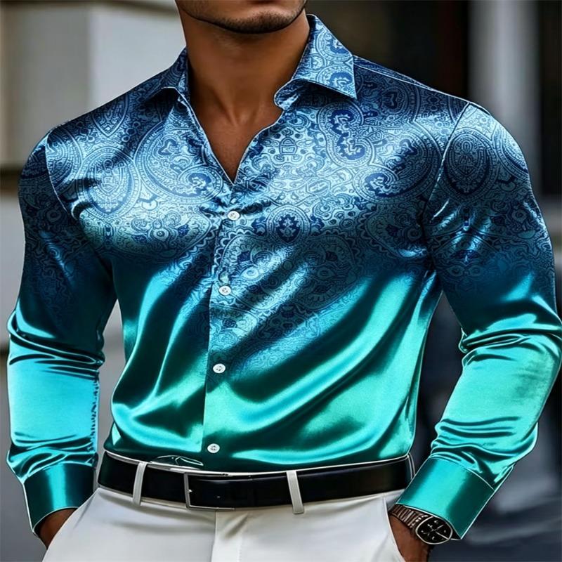 Men Luxury Satin Paisley Jacquard Shirt Long Sleeve Slim Fit Button Up Dress Shirts Male Business Wedding Party Banquet Formal