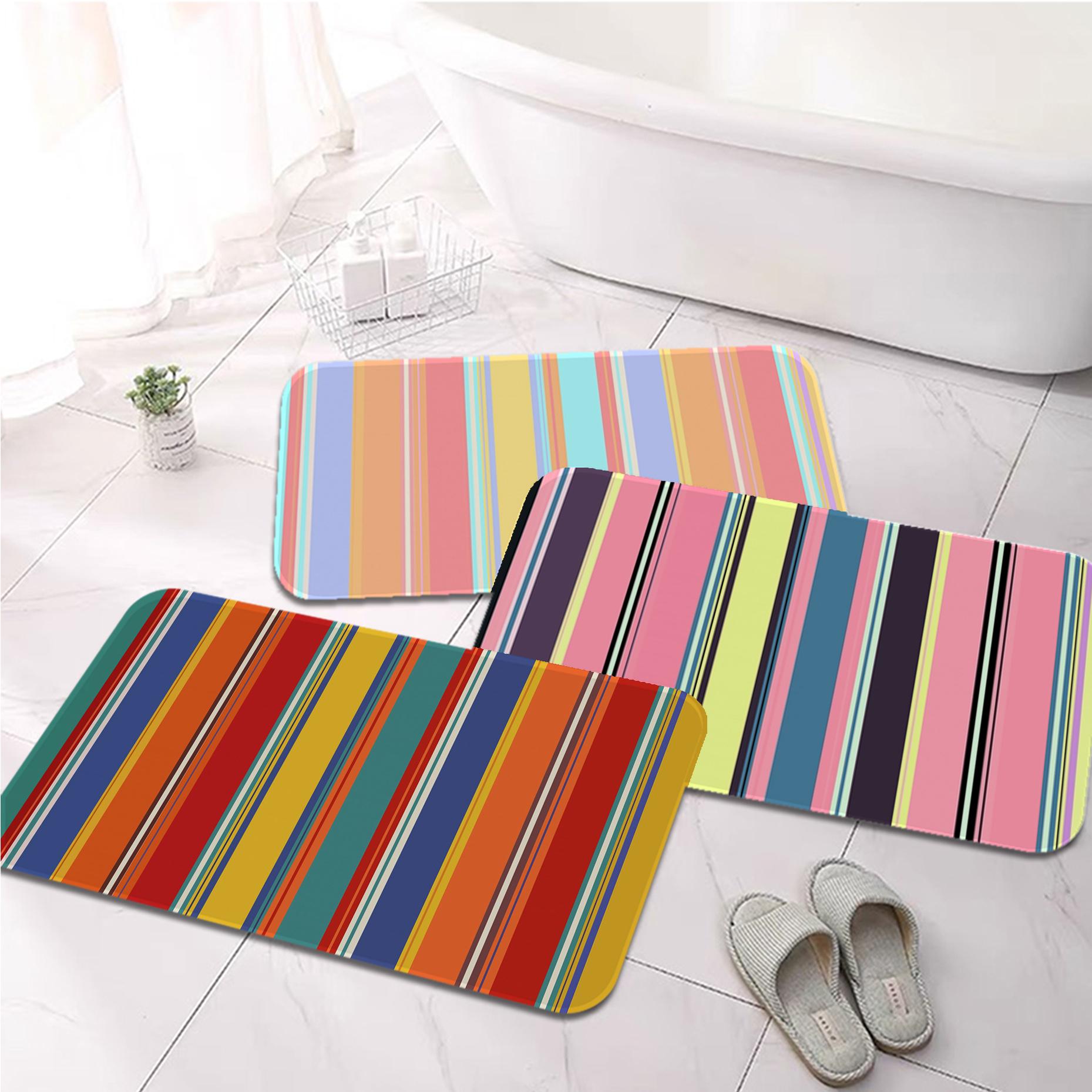 

Beautiful Color Stripes Printed Flannel Floor Mat Bathroom Decor Carpet Non-Slip For Living Room Kitchen welcome Doormat