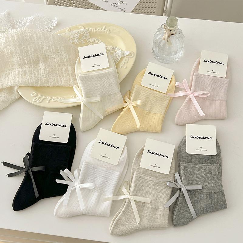 5 Pairs of Female Spring and Summer Small Fashion Design Sweet Lovely Ribbon Bow Socks
