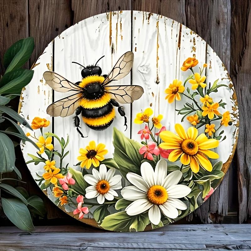 Rustic Bee & Flower Sign. Aluminum wall plaque with country style for home, office or garden.