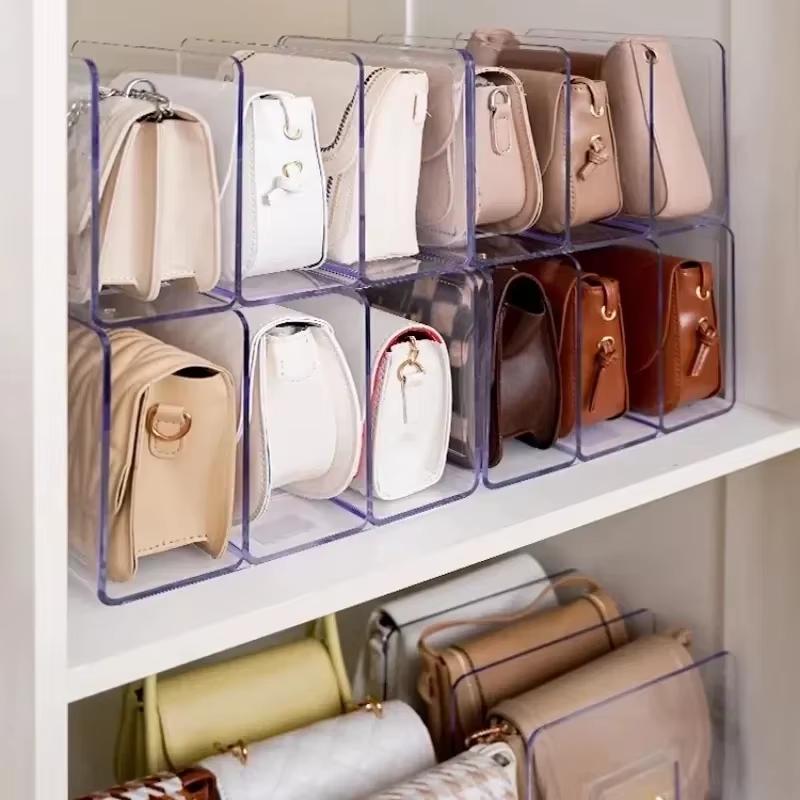 Clear Plastic Purse Handbag Organizer 4 Sections Bag Closet Shelf Divider Purse Display Stand Handbag Storage Organizer Holder