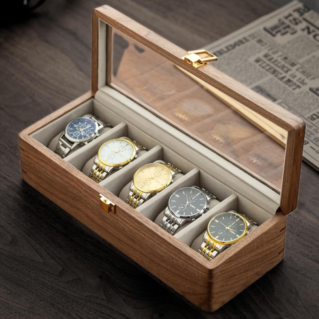 Muso Wood Watch Case for 5 Watches, Wooden Watch Case with Clear Window, Storage Box with Removable Pillow, Luxury Watch Display Case (Walnut)