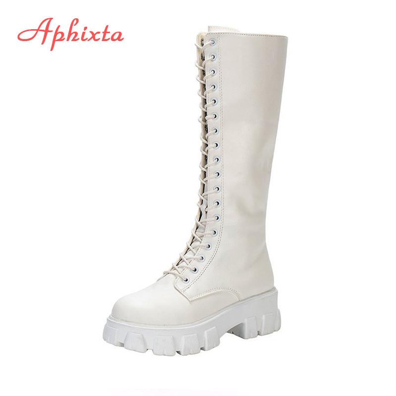 Aphixta 2025 Winter Shoes Women's Long High Boots White PU Leather Knee High Boots Female Lace Up Platform Botas Mujer