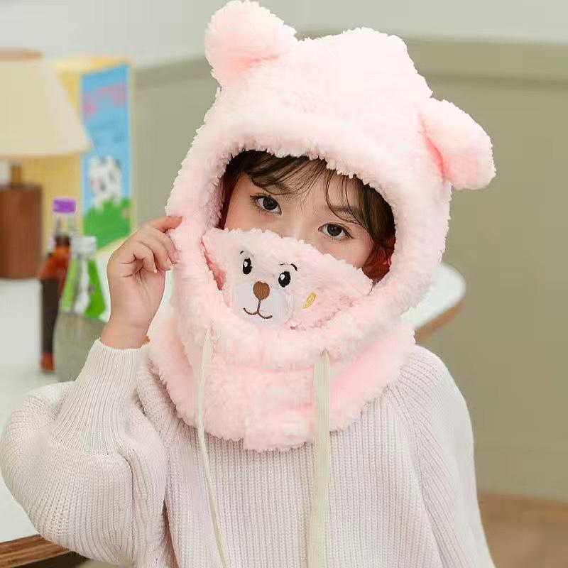 

Детская шапка-мишка с защитой ушей, теплый шарф и маска - Зимний плюшевый головной убор для мальчиков, девочек и для родителей и детей M (3-9 years)