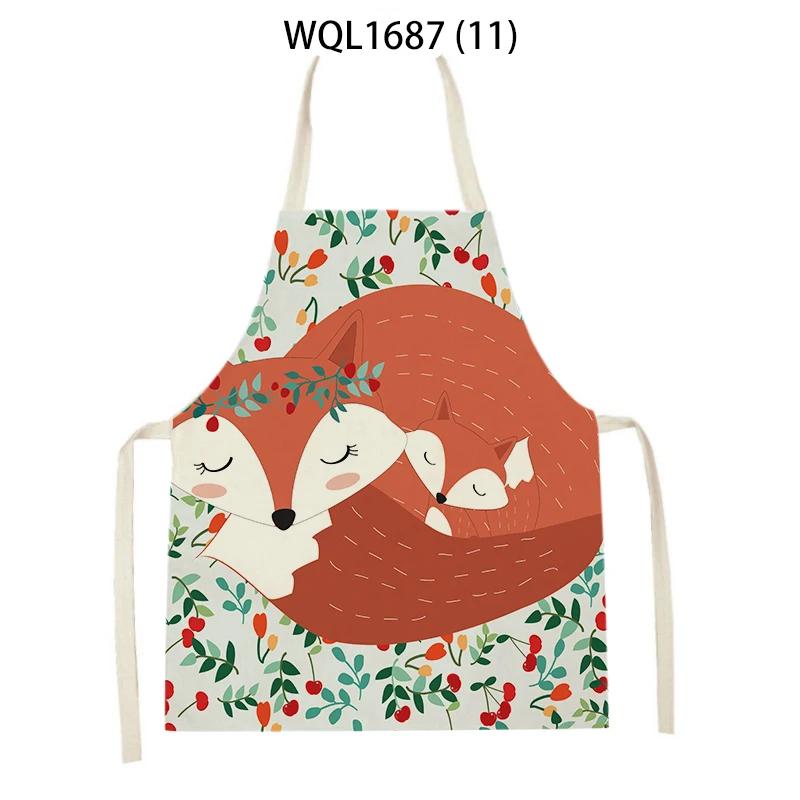 Cartoon Animal Fox Bear Pattern Kitchen Apron Woman Adult Kids Bibs Home Cooking Baking Cleaning Apron Kitchen Accessory
