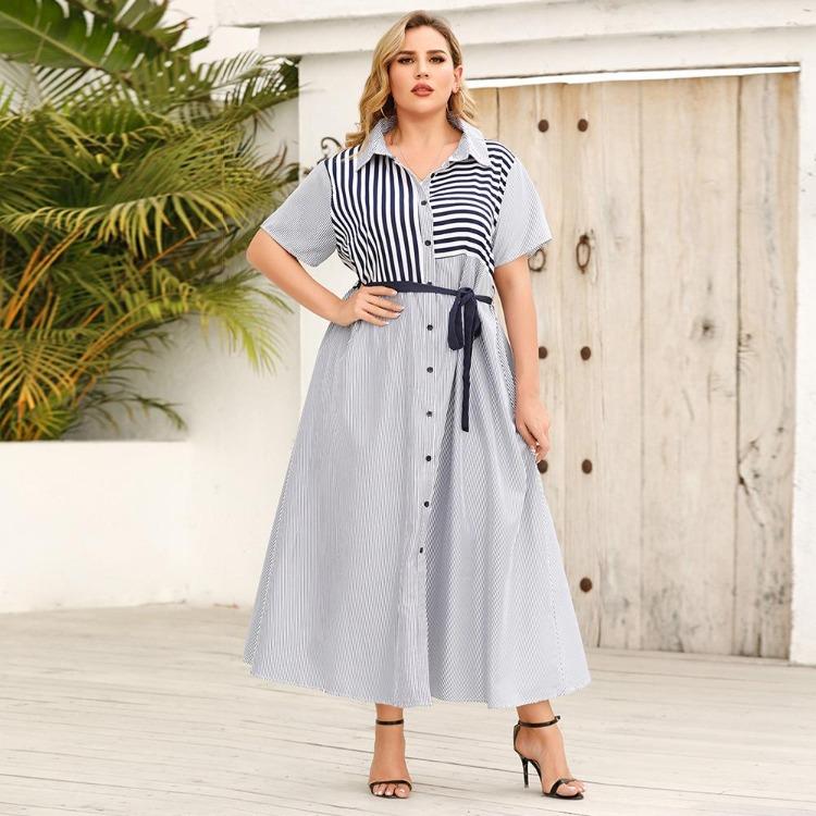 Plus Size Women Summer Striped Short Sleeve Tie Shirt Dress XL 2XL 3XL 4XL