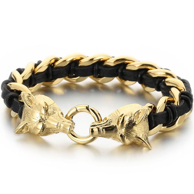 Pulsera Punk de Cuero Trenzado Lobo para Hombre Pulseras con Encanto de Mano para Hombre con Forma de Cabezas de Cráneo de Dragón Joyería de Acero Inoxidable de Lujo Gótico