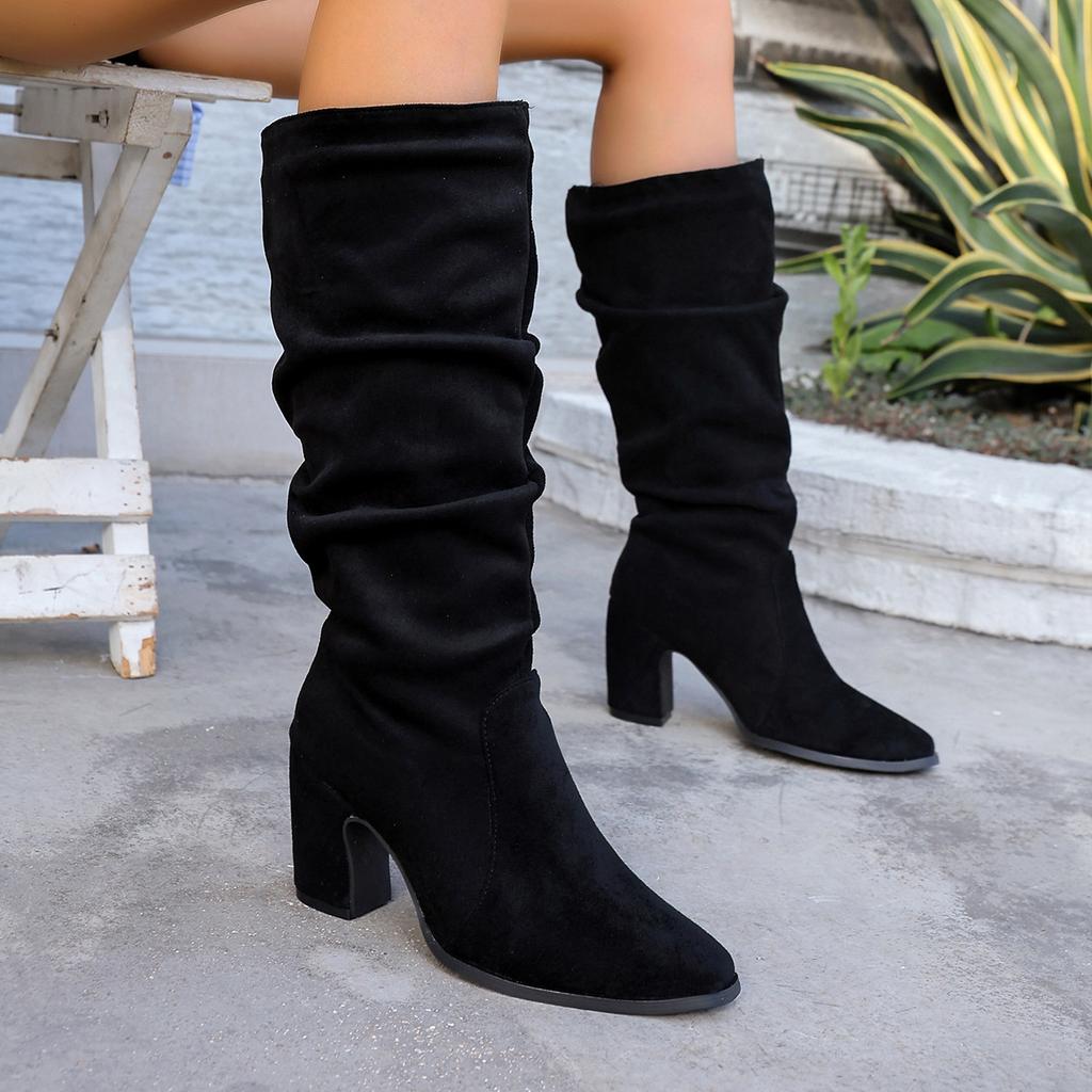 Pointed pleated high-heeled fashion boots winter velvet suede high tube stacking boots women