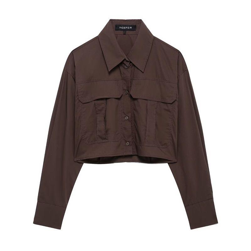 

Kaslead New Arrival Women s Fashion Style Multi-Color Poplin Cotton Long Sleeves Short Shirt 4764013 Brown L