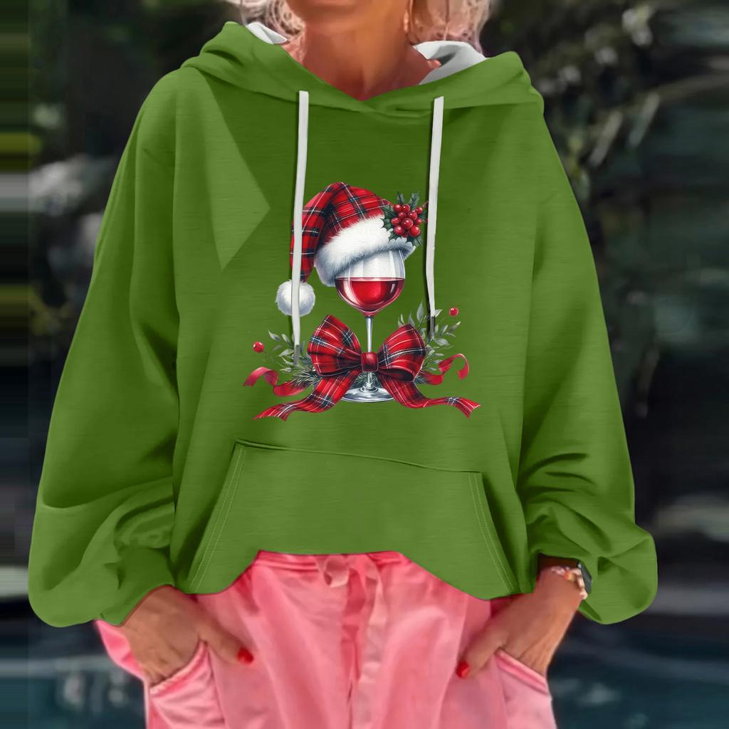 Women's Christmas Print Loose Casual Long Sleeve Hooded Sweatshirt