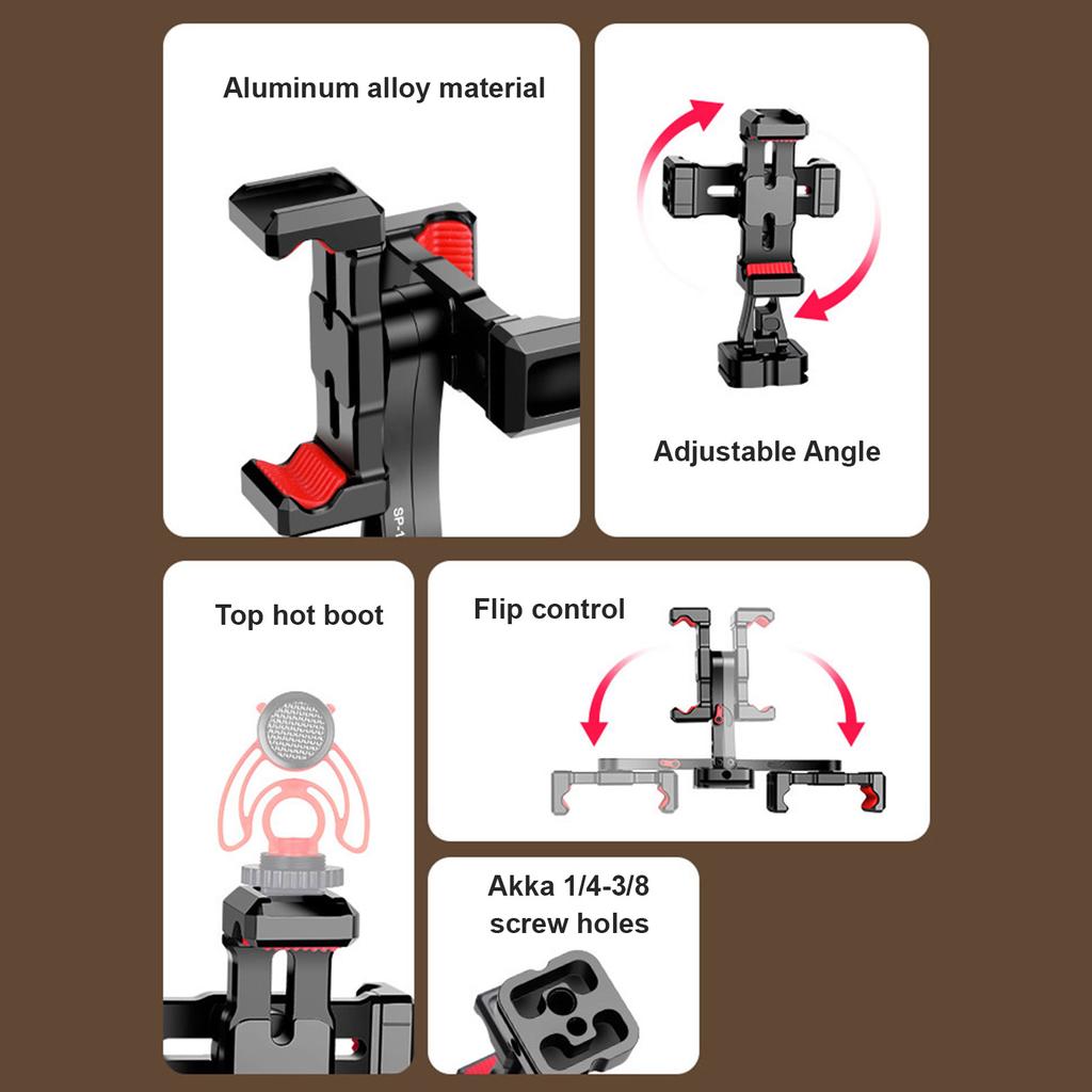 Portable Phone Tripod Mount Metal Phone Mount for Tripod with Dual Phone Holder Cold Shoe Mounts