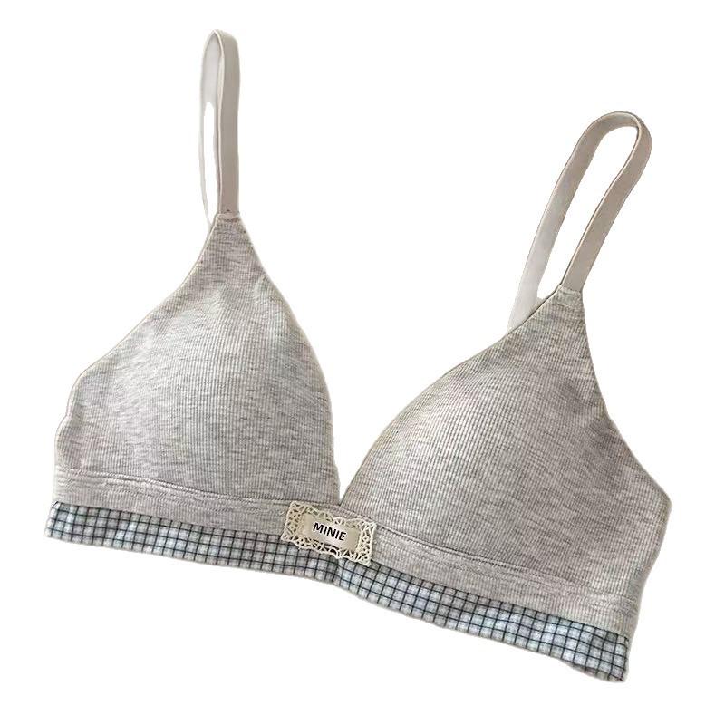 Plaid splicing polka dot thin triangular cup without steel ring to gather small breasts, double breasts, anti-sagging bra set