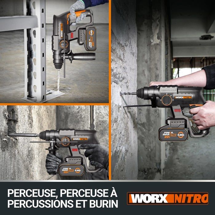 Perforateur - WORX - WX381 - Moteur brushless - 20V - 2,0 J de force de frappe