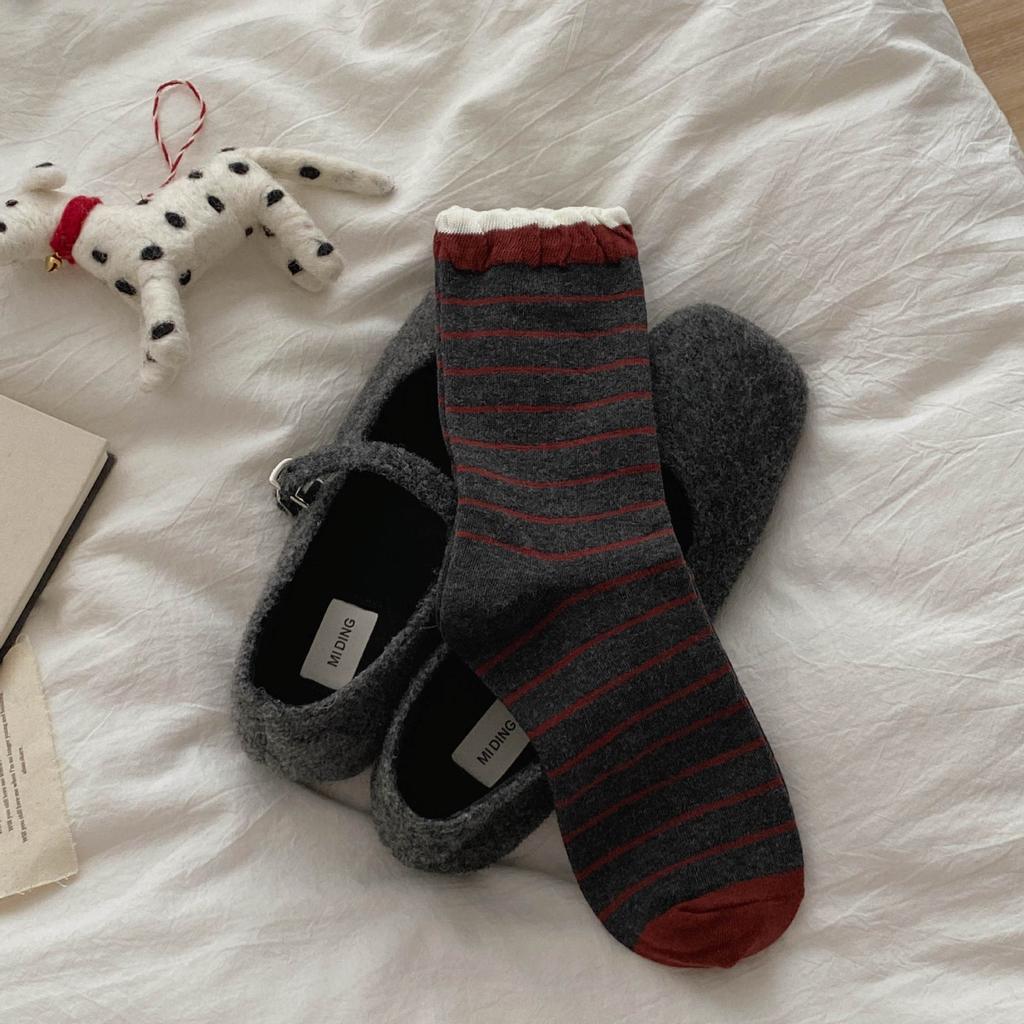 Berry Red Series'New Socks Rhombus Bow Medium Tube Socks Polka Dot Stacking Socks