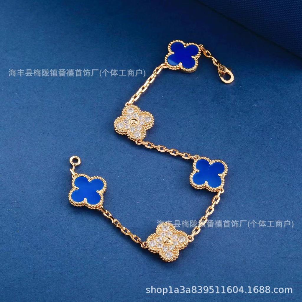 Clover Blue Agate Diamond Bracelet for Women, Colorfast, High-End Hand Jewelry