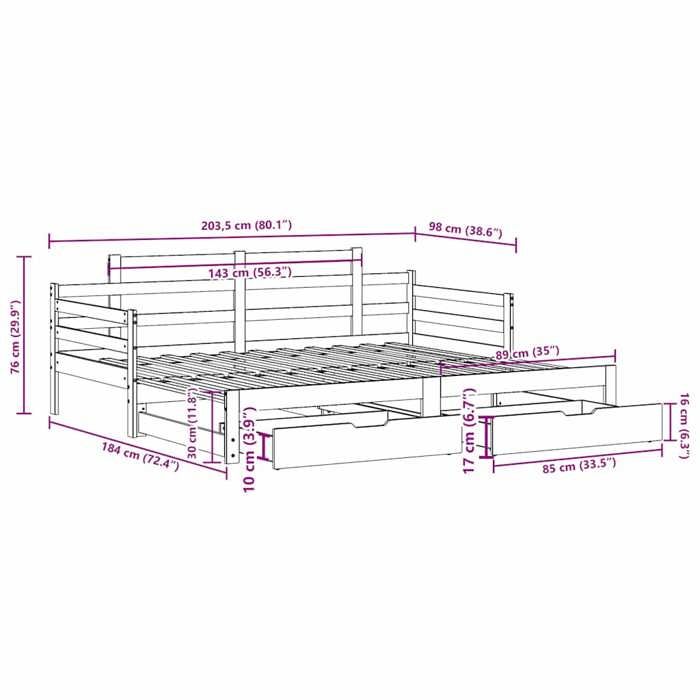 VidaXL Daybed and Trundle Bed and Drawers 90x200 Cm Solid Pine Wood, Sofa Bed, Guest Bed, Wooden Daybed, Bed 3302238