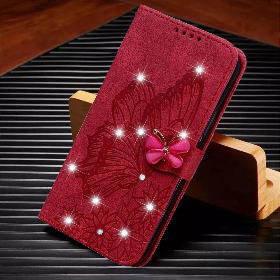 

Шкіряний гаманець-книжка з блискітками для телефону iPhone 16 Pro Max 15 Plus 11 14 13 12 XR XS X SE 2020 Метелик Блискуча обкладинка-книжка з відділеннями для карток For iPhone 15Plus червоний