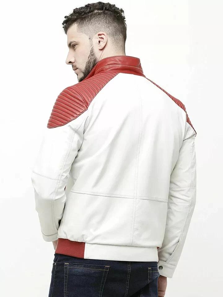 Handmade Men's Red & White New Leather Lambskin Genuine Motorcycle Biker Stylish Jacket