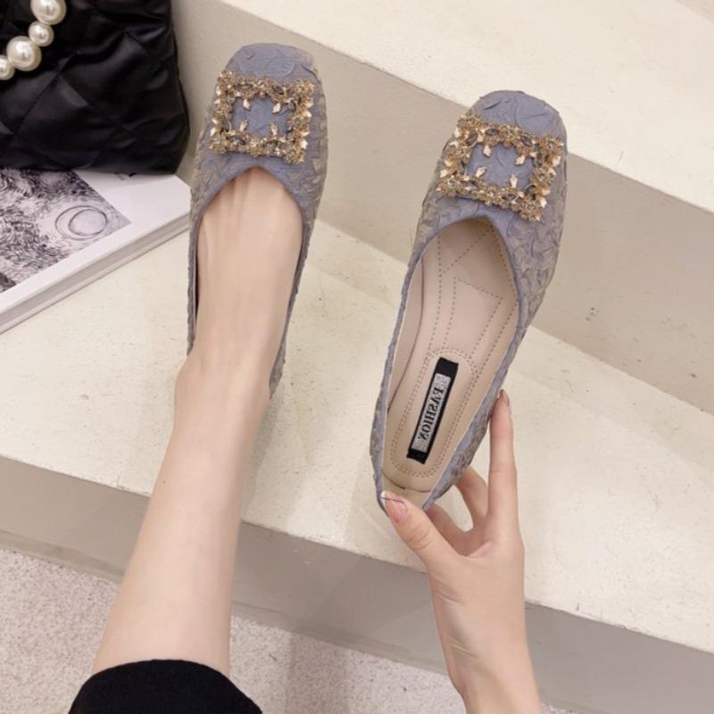 Fashion Square Toe Shallow Mouth Low Heel Single Shoes Autumn New Rhinestone Square Toe Soft Sole Non-slip Block Heel Shoes
