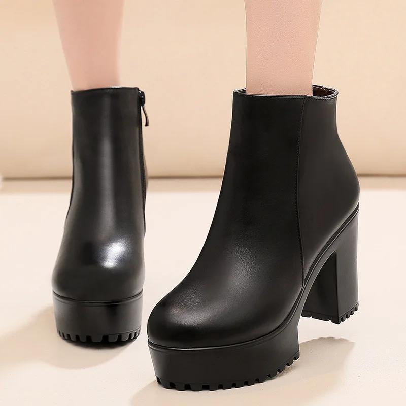 8cm 10cm Small Size 33-43 Thick Bottom Platform Shoes Ankle Boots with Fur 2025 Block High Heels Genuine Leather Boots Office