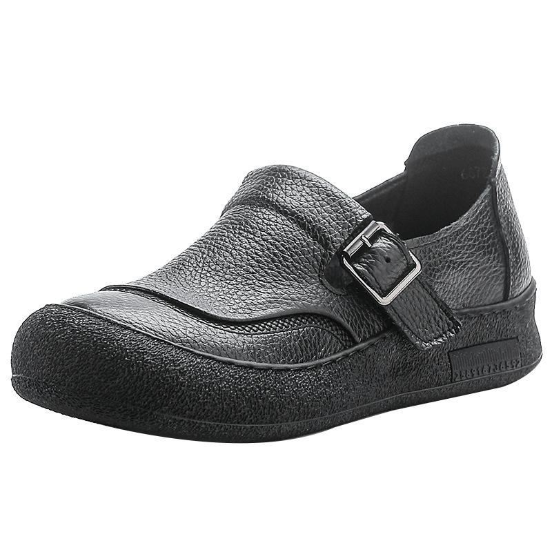 Fashion Original Natural Leather Shoes for Women Vintage Comfort Round Toe Buckl Flats Woman Slip On Orthopedic Loafers Ladies Moccasins