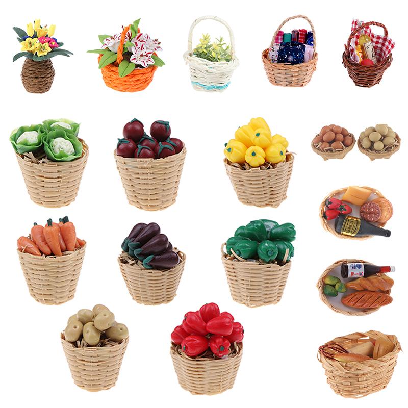 1:12 Mini Simulation Artificial Fruits Vegetables Doll House Furniture Decor Bamboo Basket Miniature Accessory For Children Kids