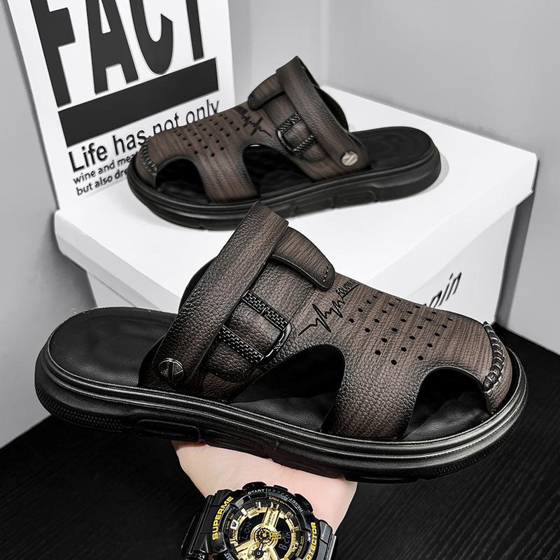 Sandals Summer New Trend Fashion Dual-purpose Bag Head Slippers Thick-soled Leather Middle-aged Dad Beach Shoes