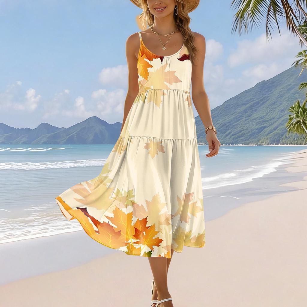 Women's Summer Fashion Printed Pocket Adjustable Shoulder Strap Bohemian Leisure Beach Resort Strap Dress