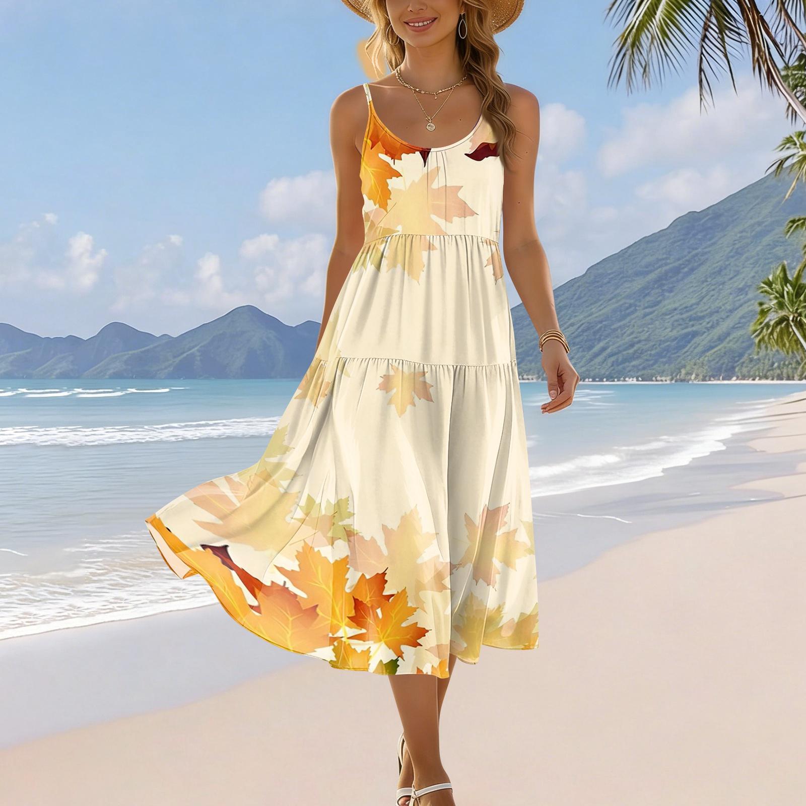 

Women s Summer Fashion Printed Pocket Adjustable Shoulder Strap Bohemian Leisure Beach Resort Strap Dress XL жовтий