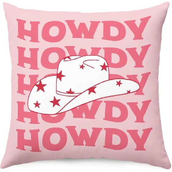 Pink Cowgirl Howdy Pillow Covers, Trendy Western Cowgirl Hat Room Decorative Throw Pillow Covers 18x18, Retro Preppy Room Decor Pillow Cases for Home Howdy